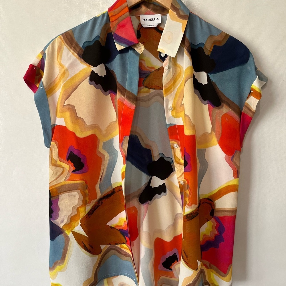 Marella Colorful Silk Short Sleeve Shirt Button Down Top